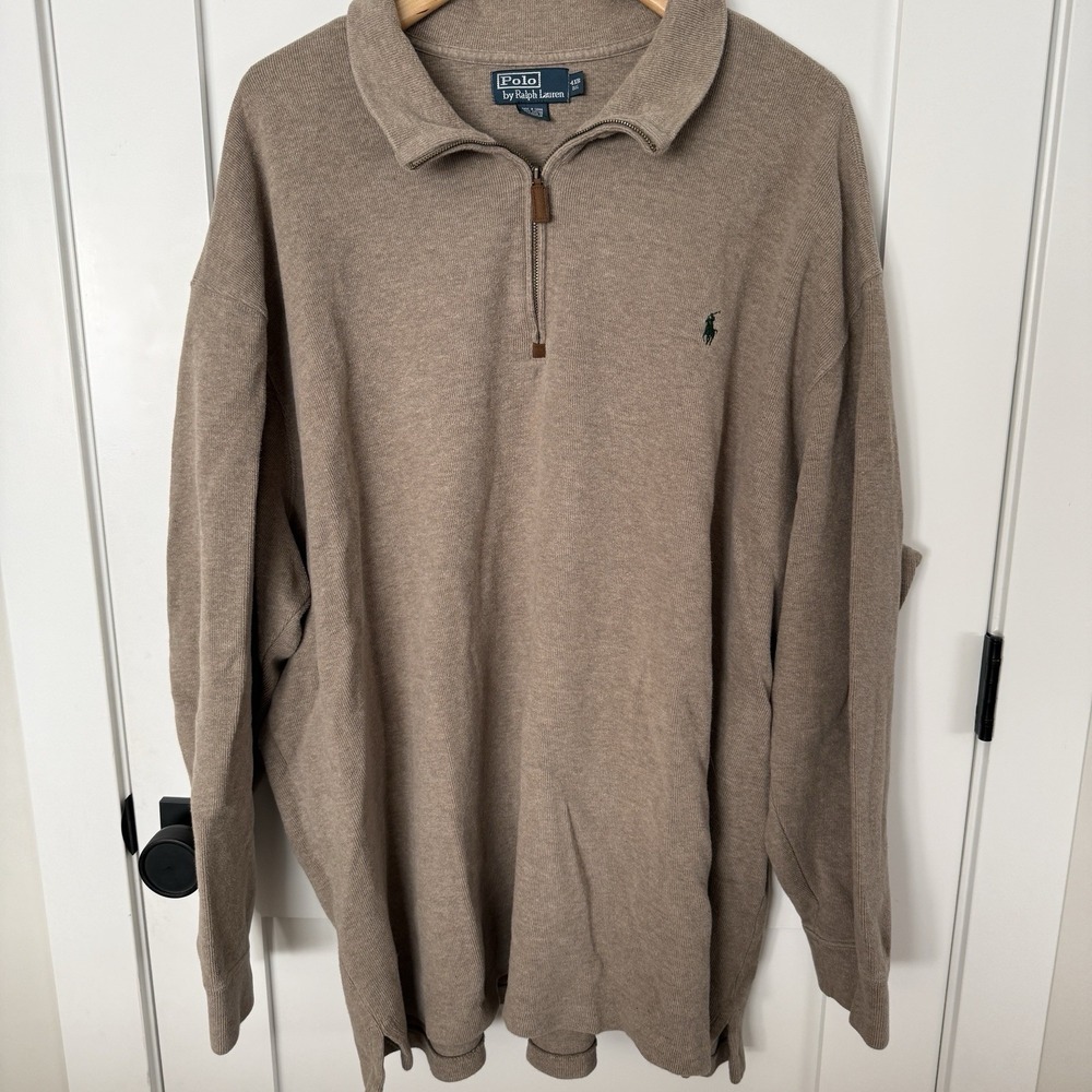 Polo Ralph Lauren‎ Sweater Mens 4XB Big Beige Quarter Zip Mock Neck Cotton Pony